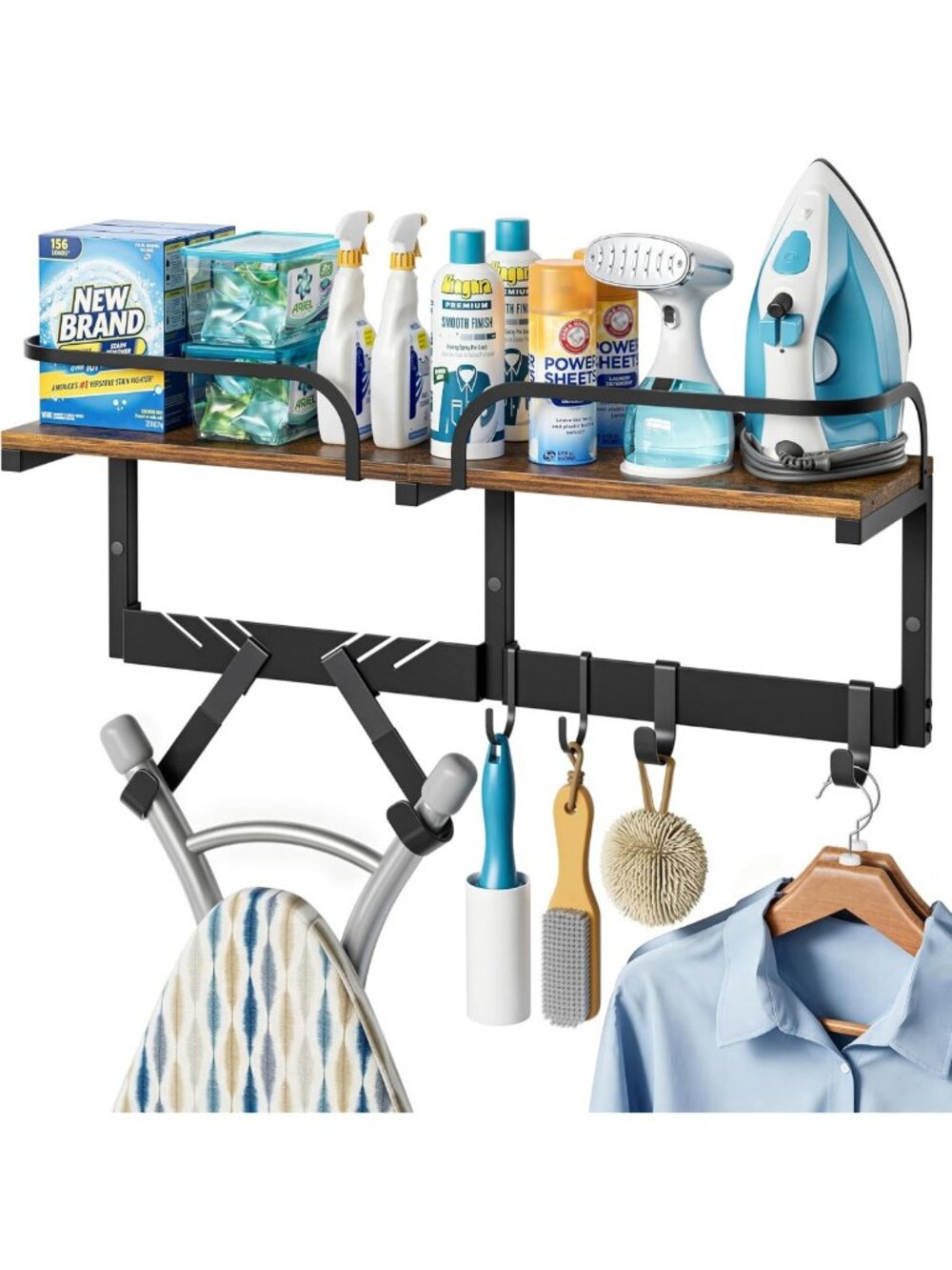 Wall-Mounted Ironing Board Hanger & Large Laundry Organizer Shelf, Space-Saving